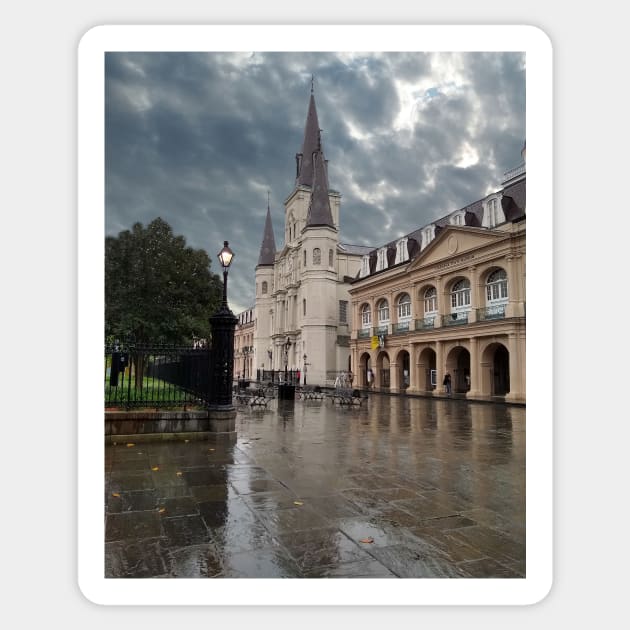 St Louis Cathedral on a Rainy Day Sticker by Loveday101